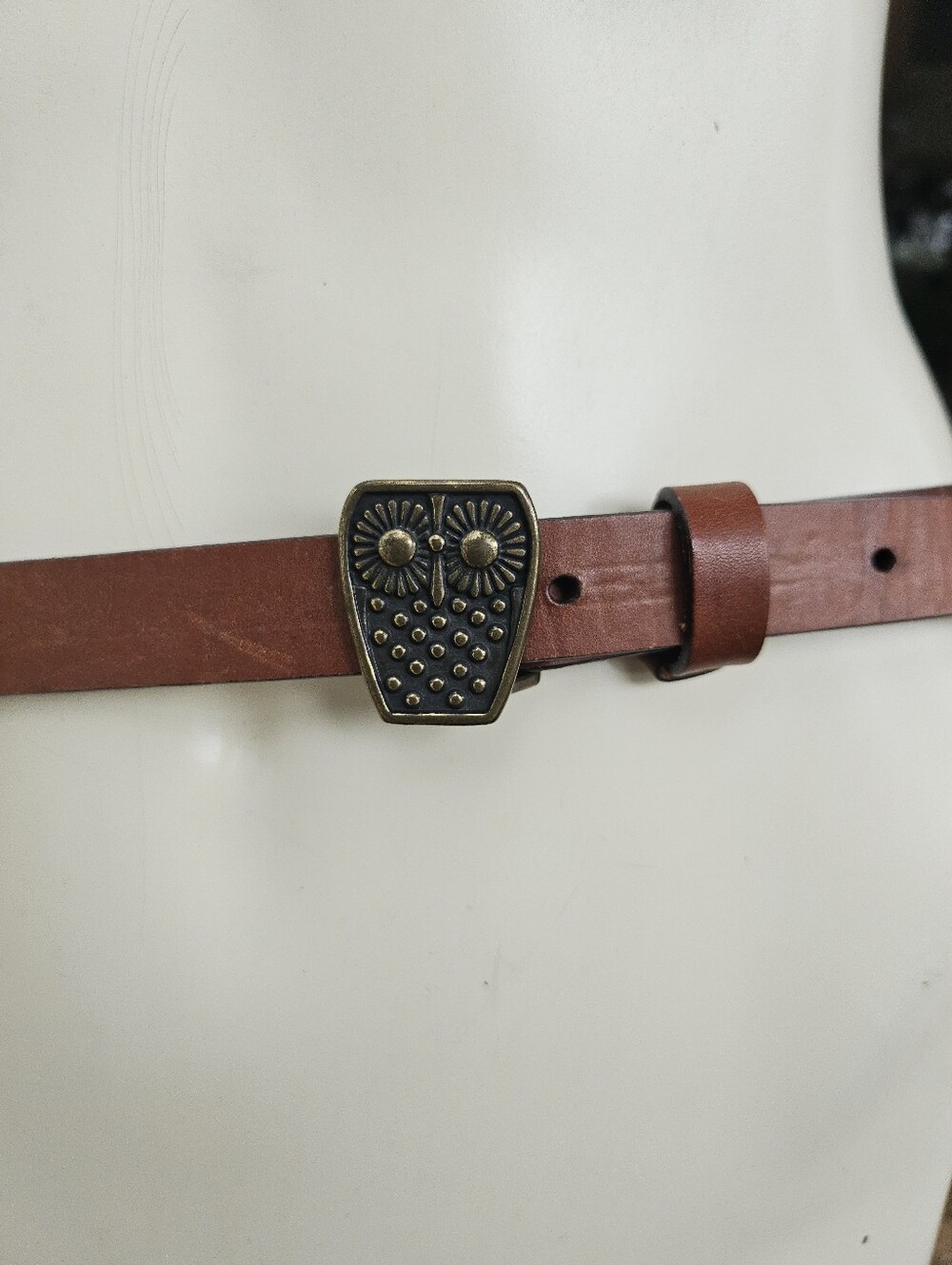 3D Brass MCM Style Owl Buckle Narrow Brown Leather Belt Size L